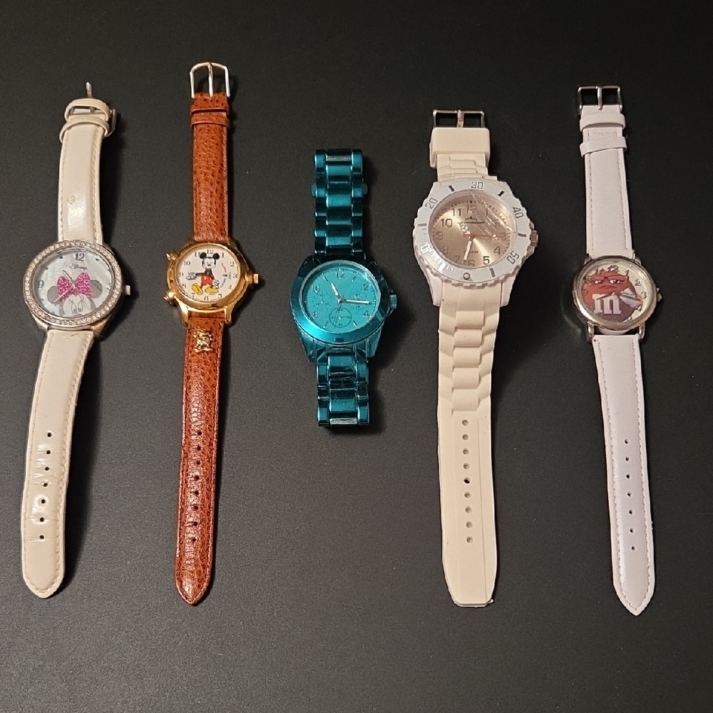Lot of 5 Fashion Wrist Watches - White, Brown, Teal, Cream, Pink Accents